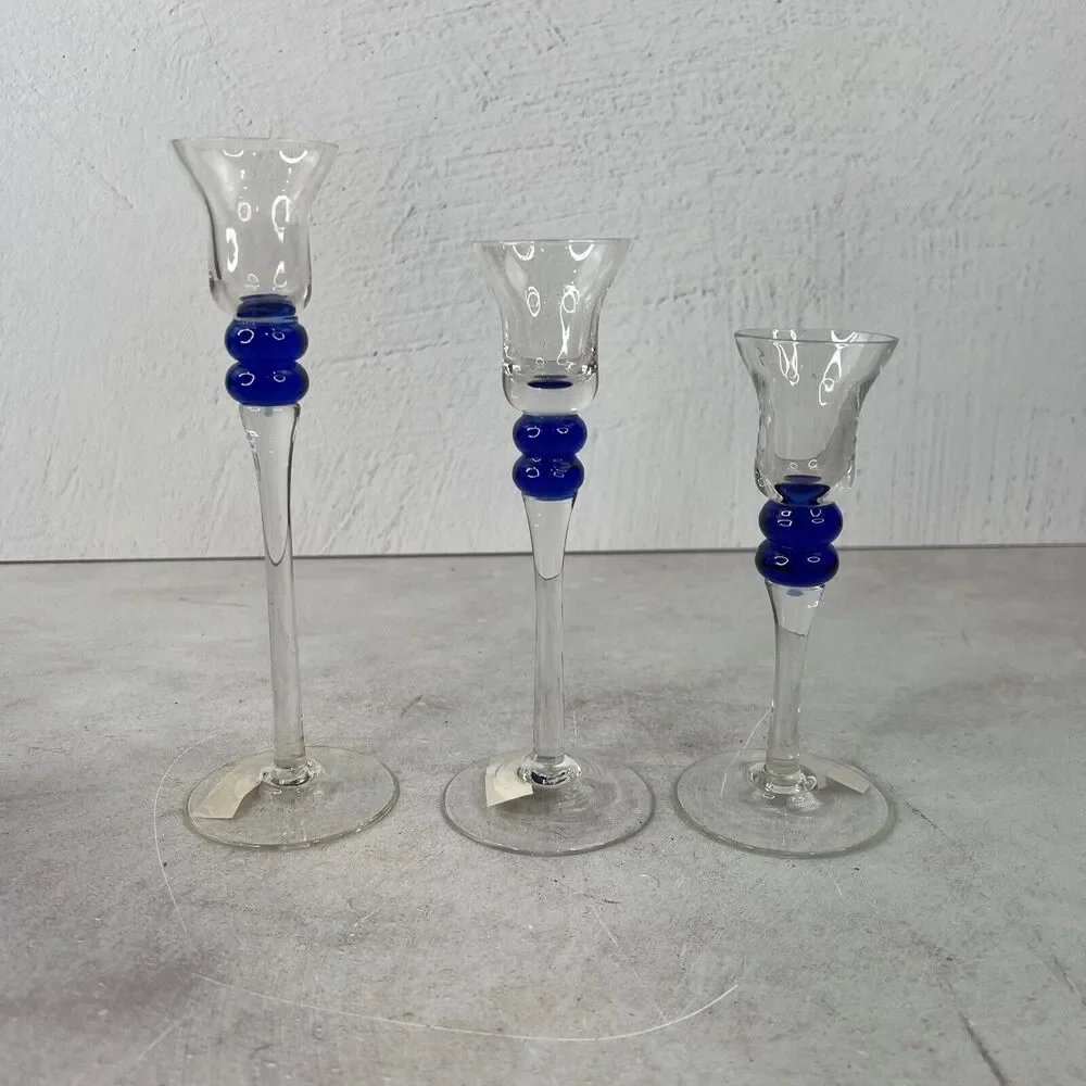 Home Trends MCM Candleholders Glass Set Of‎ 3 Clear & Blue